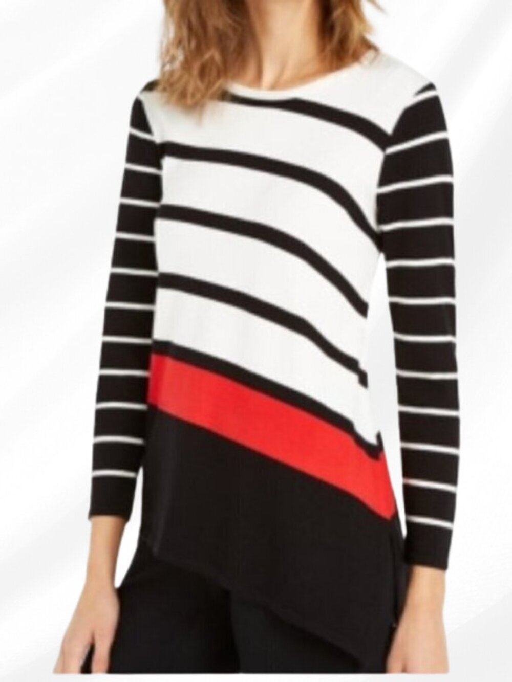 Alfani Women’s Striped Asymmetrical Sweater Black White Red NWT Size L